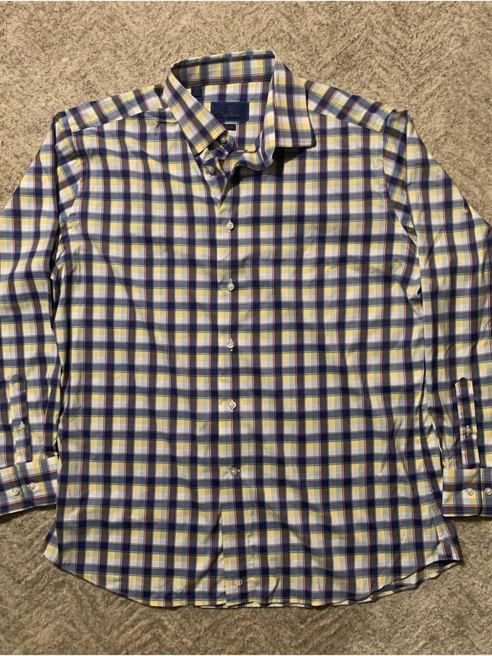 David Donahue Men's Plaid Button-Up Shirt in Blue, Yellow & White